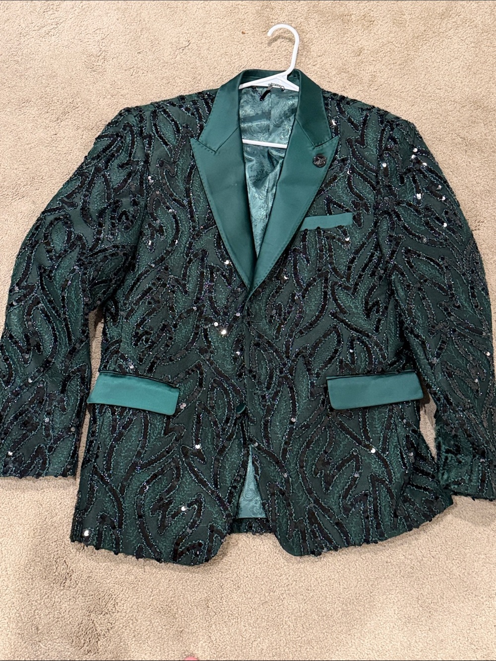 Men's Forest Green Sequin Tuxedo Blazer with Satin Peak Lapel